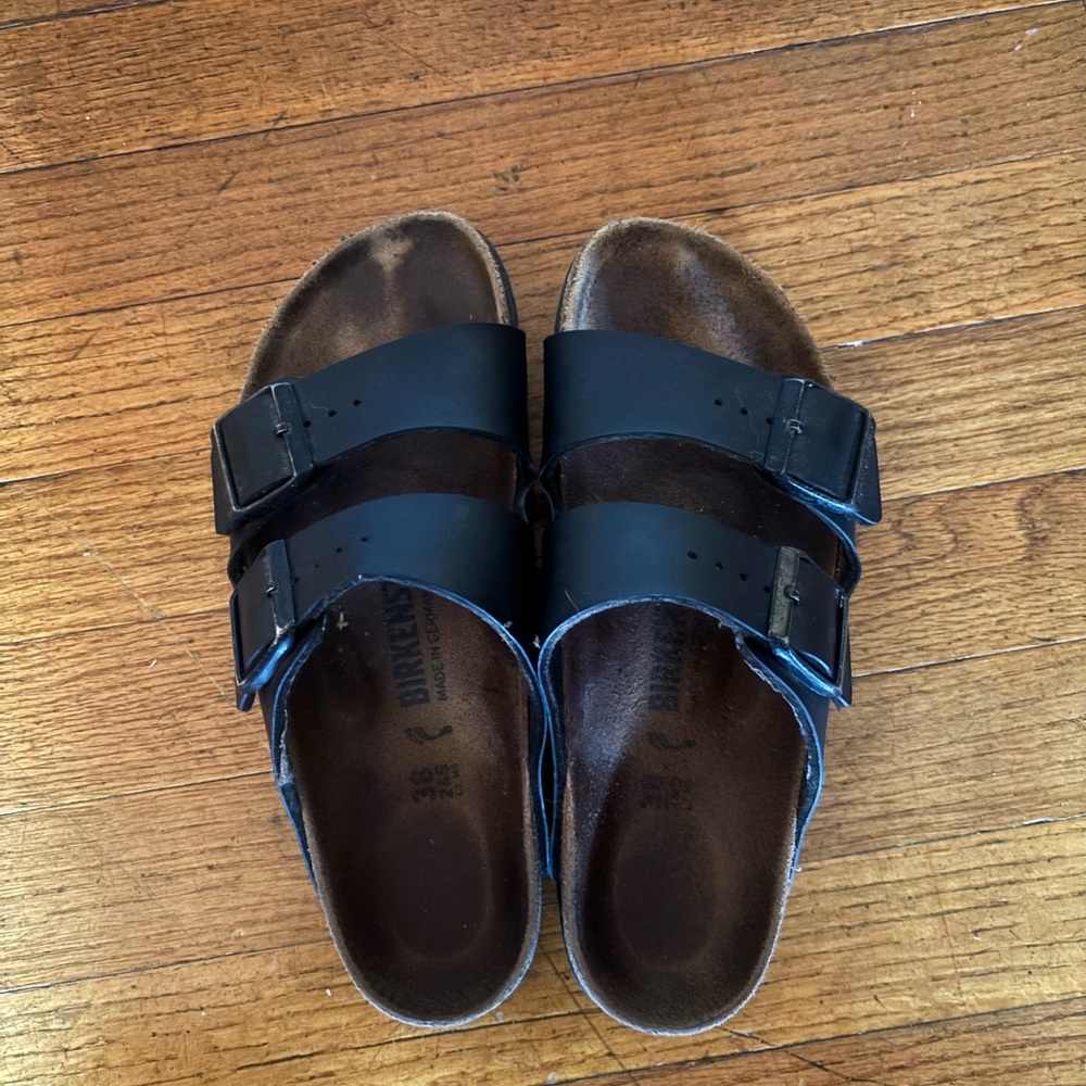 Birkenstock Black Sandals with Buckle Straps and Contoured Footbed